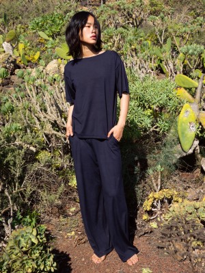 Deepsleepwear Calida Dsw Balancing Shirt Short Sleeve Femme Noir Bleu | MS5239780