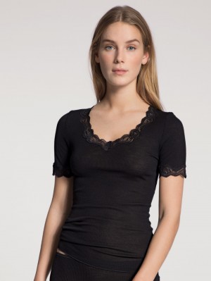 Loungewear Calida Richesse Lace Shirt Short Sleeve Femme Ws Schwarz | QO0714382