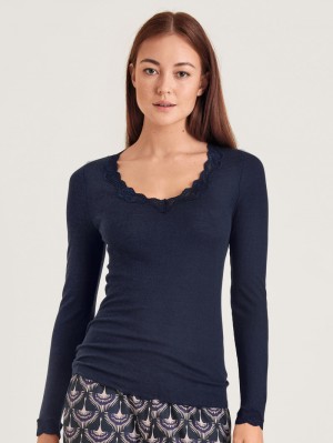 Sous Vêtement Calida Richesse Lace Shirt Long Sleeve Femme Bleu | XR4817950