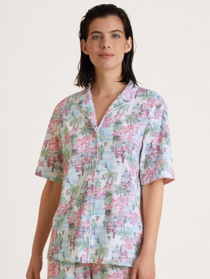 Summer Oufits Calida Amalfi Journey Shirt Short Sleeve, Buttoned Through Femme Blanche | IW8903726