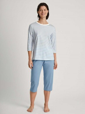 Vêtement De Nuit Calida Cotton Stripes 3/4 Pyjama Femme Endless Sky | FI4360921
