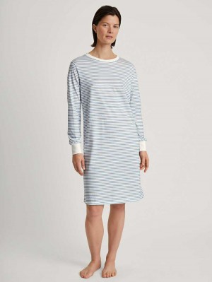 Vêtement De Nuit Calida Cotton Stripes Long-sleeved Nightdress, Length 100 Cm Femme Endless Sky | WE5317609