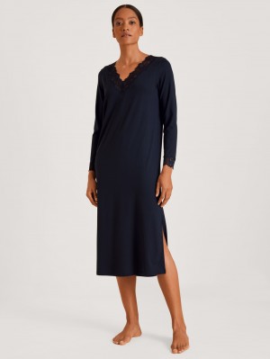 Vêtement De Nuit Calida Elegant Dreams Long-sleeved Nightdress Femme Noir Bleu | RE4309572