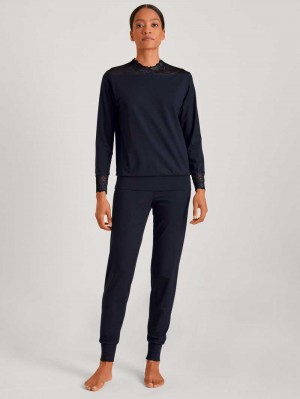 Vêtement De Nuit Calida Elegant Dreams Pyjama With Cuff Femme Noir Bleu | RD0645831
