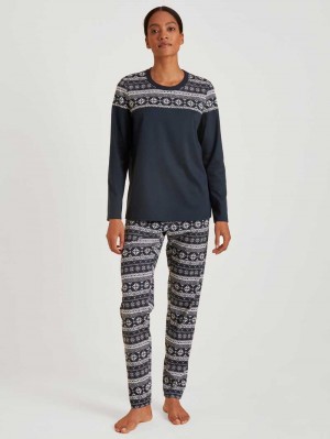 Vêtement De Nuit Calida Family & Friends Pyjama Femme Noir Bleu | HZ3547196