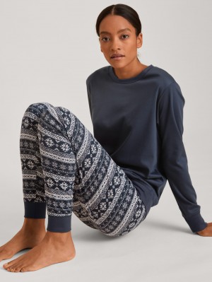Vêtement De Nuit Calida Family & Friends Pyjama With Cuff Femme Noir Bleu | BJ4529613